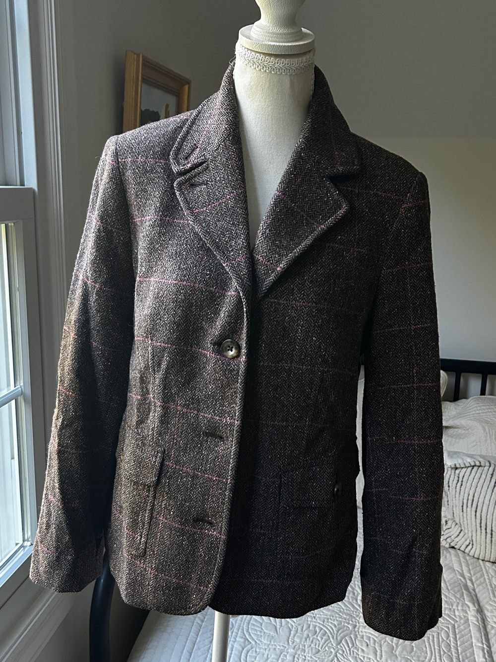 L.L. Bean Brown Tweed Blazer with Subtle Pink Windowpane